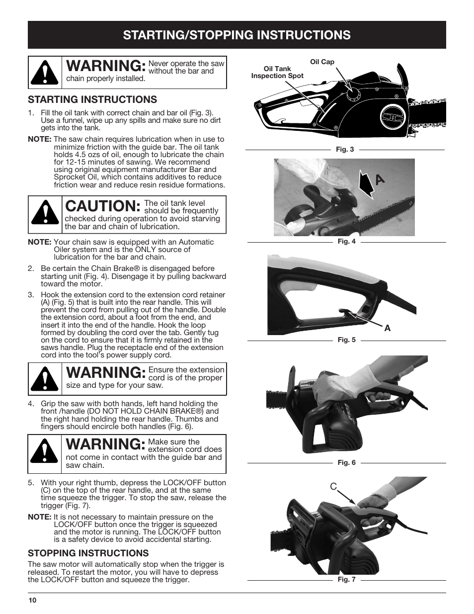 Warning, Caution, Starting/stopping instructions | Troy-Bilt TB4516CC User Manual | Page 10 / 64