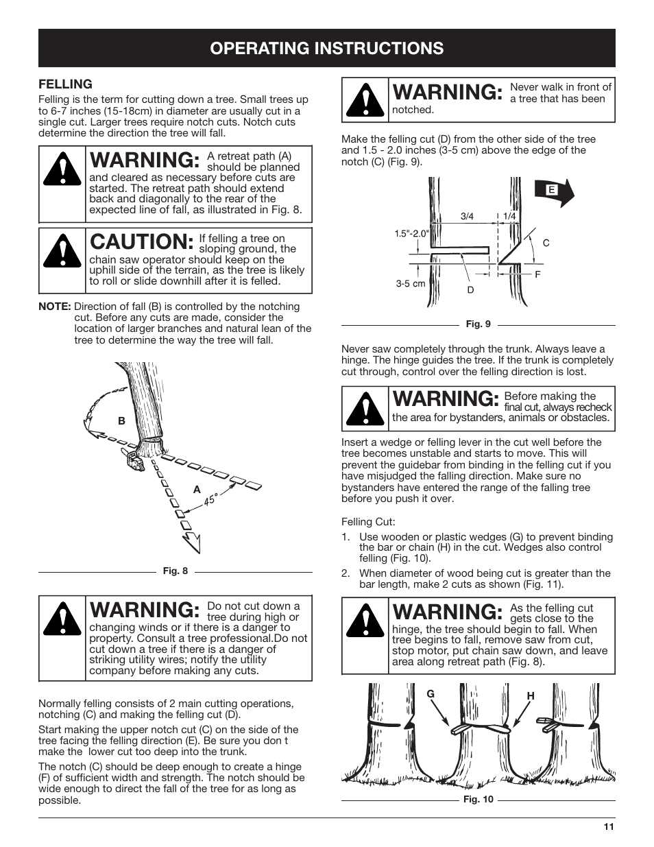 Warning, Caution, Operating instructions | Troy-Bilt TB4516CC User Manual | Page 11 / 64