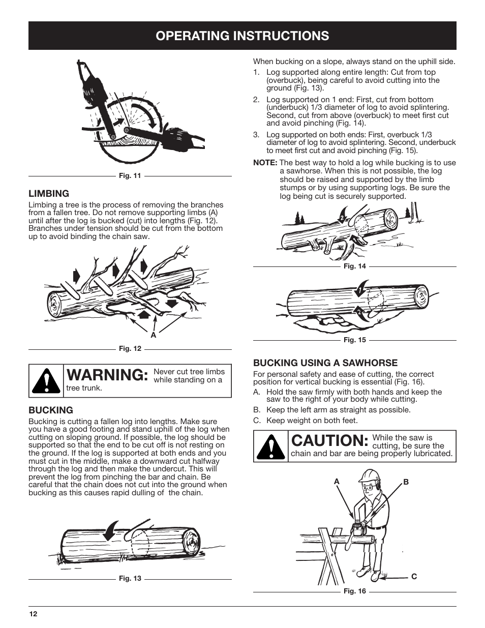 Warning, Caution, Operating instructions | Troy-Bilt TB4516CC User Manual | Page 12 / 64