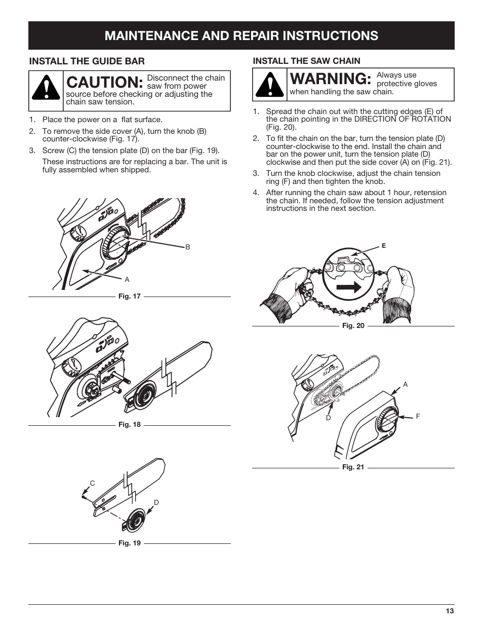 Warning, Caution, Maintenance and repair instructions | Troy-Bilt TB4516CC User Manual | Page 13 / 64