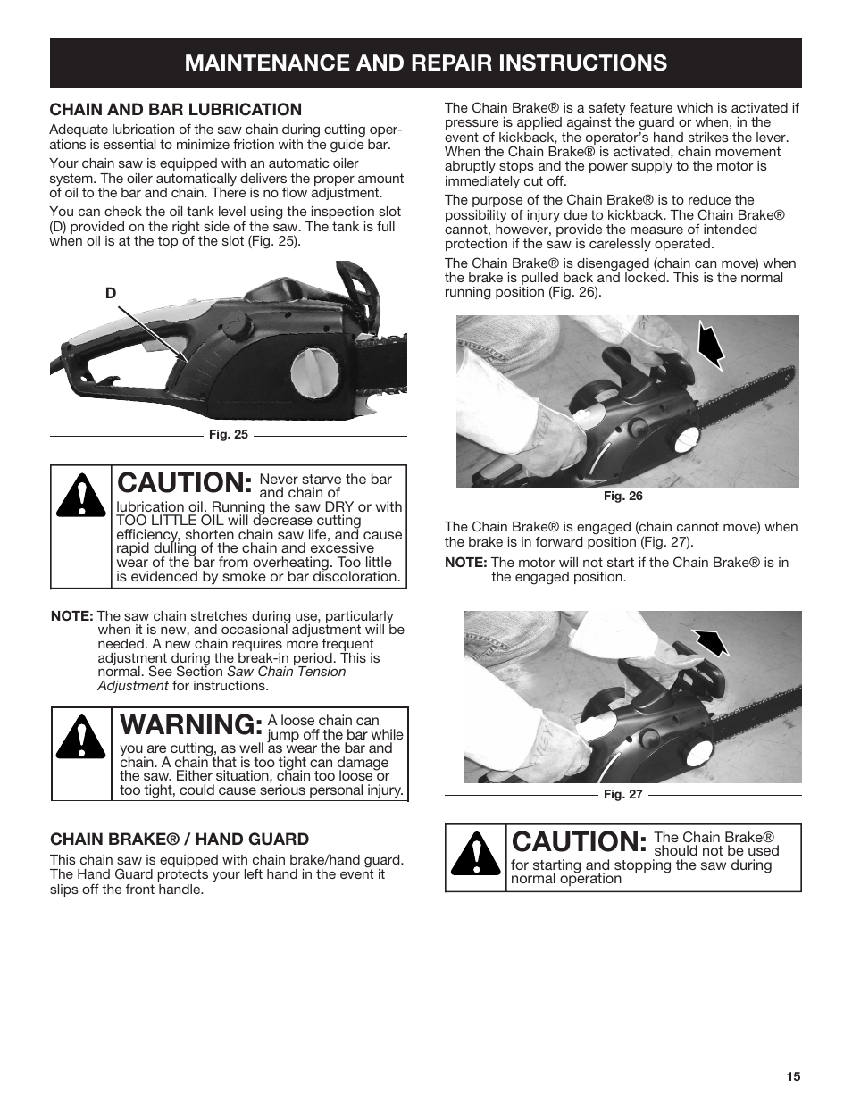 Caution, Warning, Maintenance and repair instructions | Troy-Bilt TB4516CC User Manual | Page 15 / 64