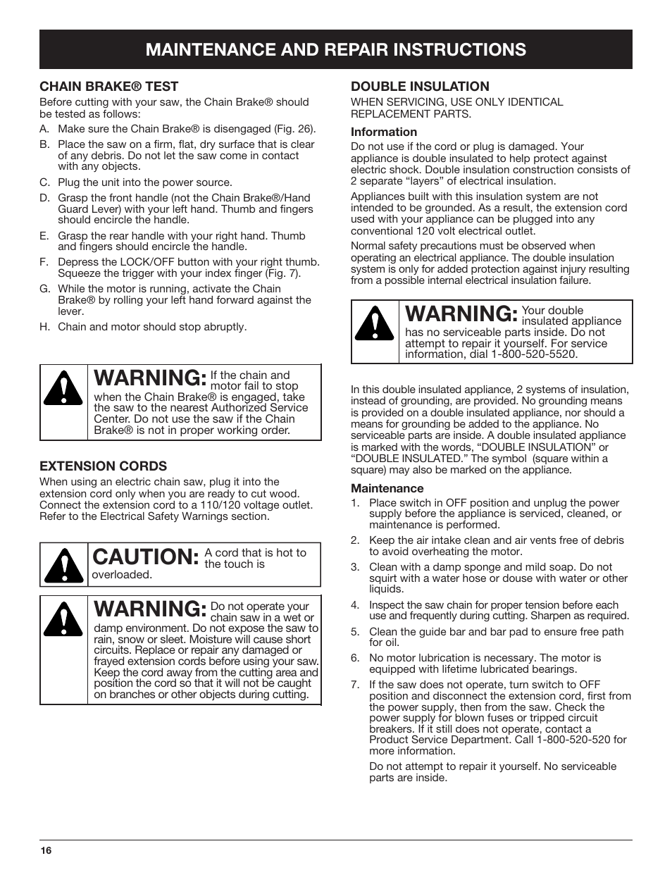 Warning, Caution, Maintenance and repair instructions | Troy-Bilt TB4516CC User Manual | Page 16 / 64