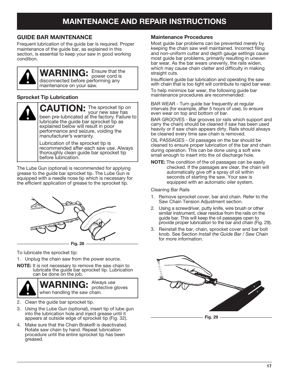 Caution, Warning, Maintenance and repair instructions | Troy-Bilt TB4516CC User Manual | Page 17 / 64