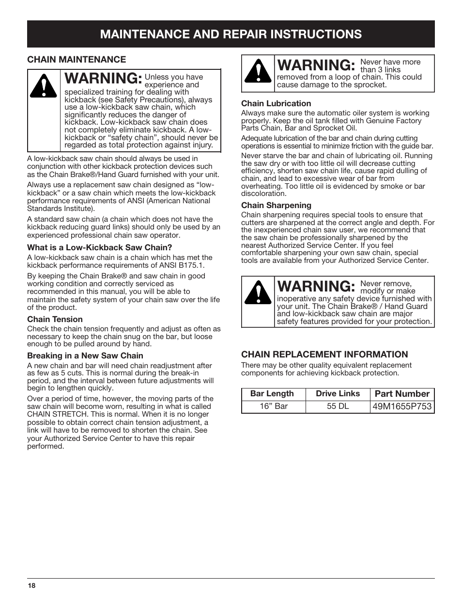 Warning, Maintenance and repair instructions | Troy-Bilt TB4516CC User Manual | Page 18 / 64