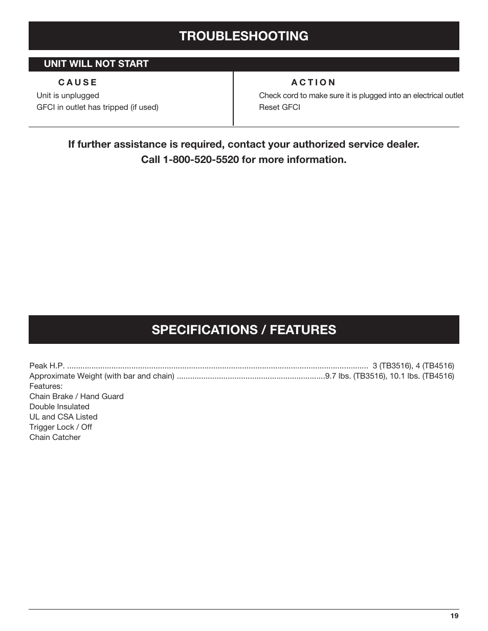 Troubleshooting, Specifications / features | Troy-Bilt TB4516CC User Manual | Page 19 / 64