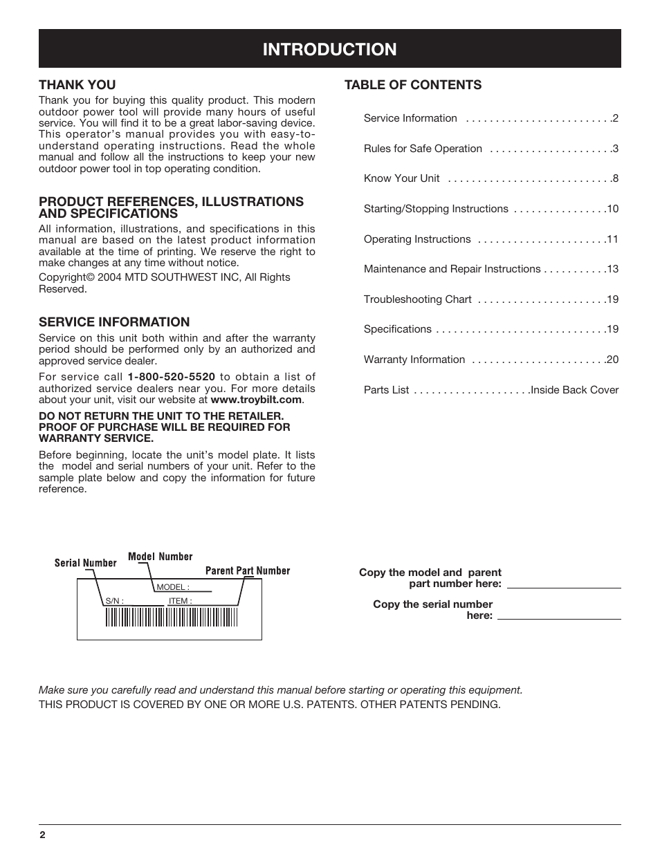 Introduction | Troy-Bilt TB4516CC User Manual | Page 2 / 64
