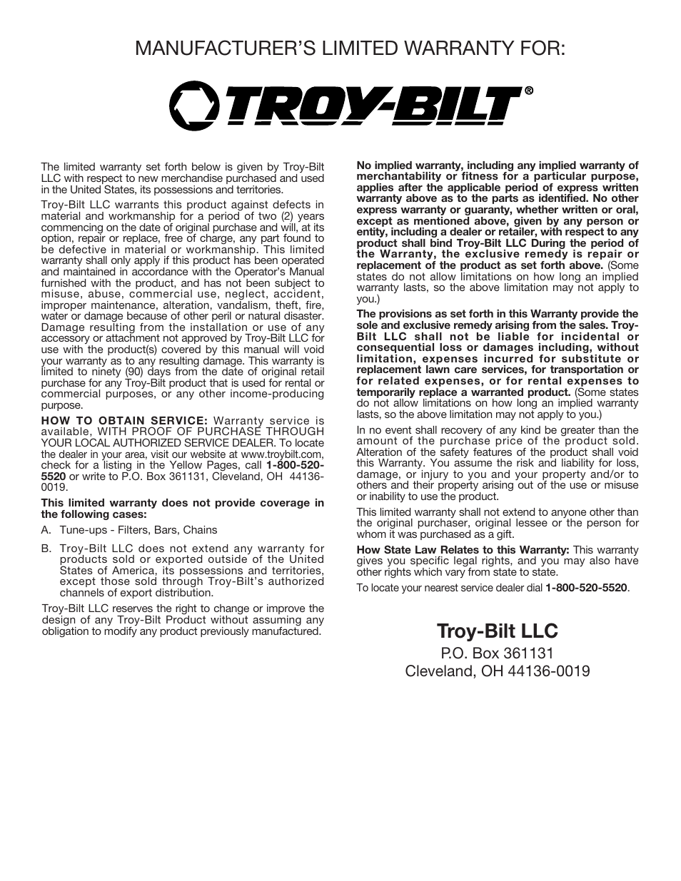 Manufacturer’s limited warranty for, Troy-bilt llc | Troy-Bilt TB4516CC User Manual | Page 20 / 64