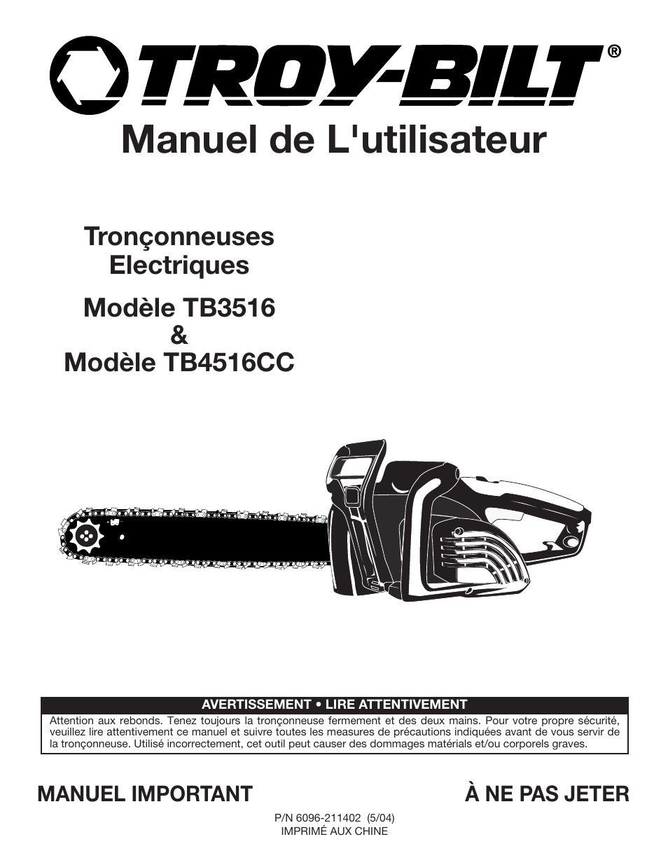 Manuel de l'utilisateur | Troy-Bilt TB4516CC User Manual | Page 21 / 64