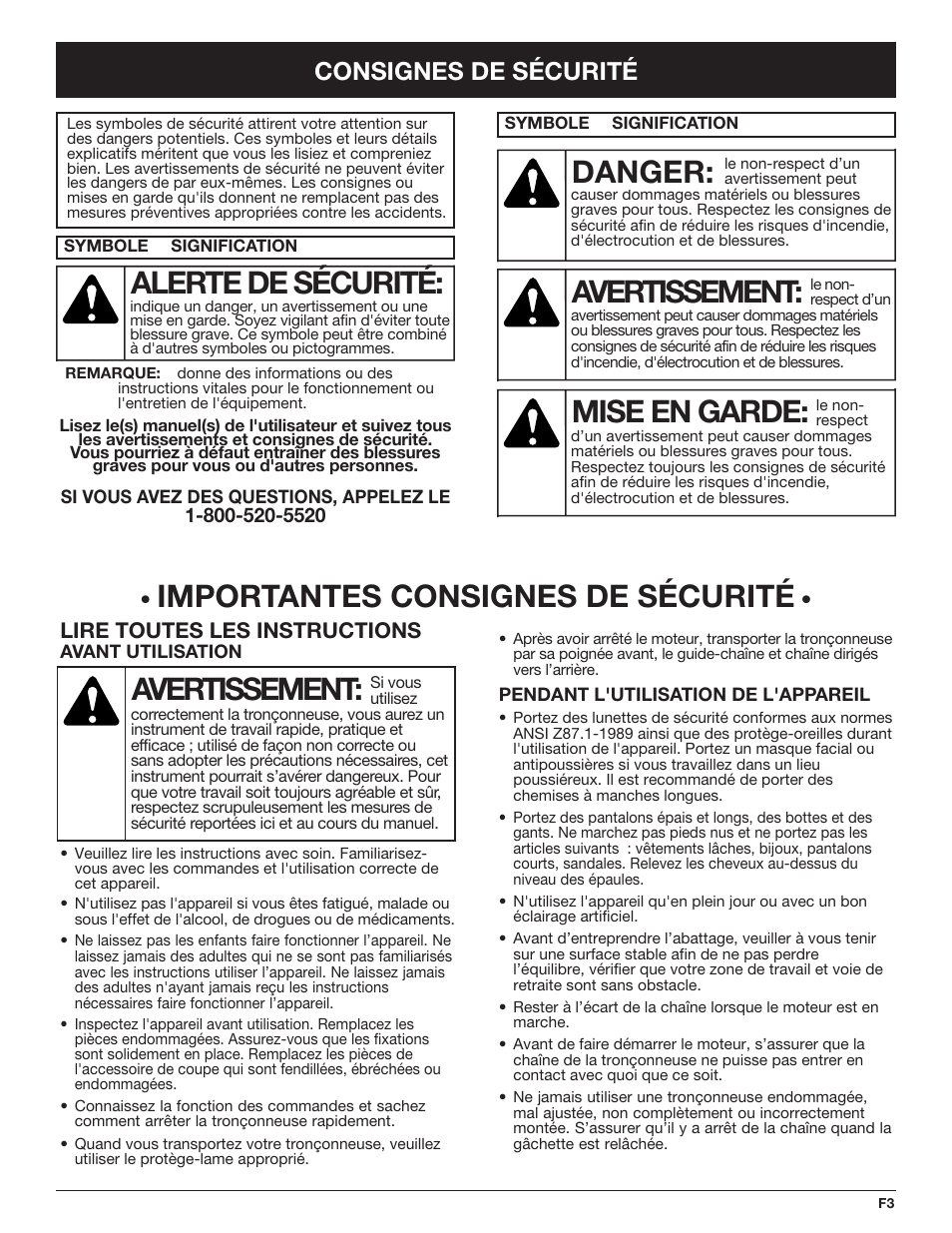 Avertissement, Danger, Mise en garde | Alerte de sécurité, Importantes consignes de sécurité, Consignes de sécurité, Lire toutes les instructions | Troy-Bilt TB4516CC User Manual | Page 23 / 64