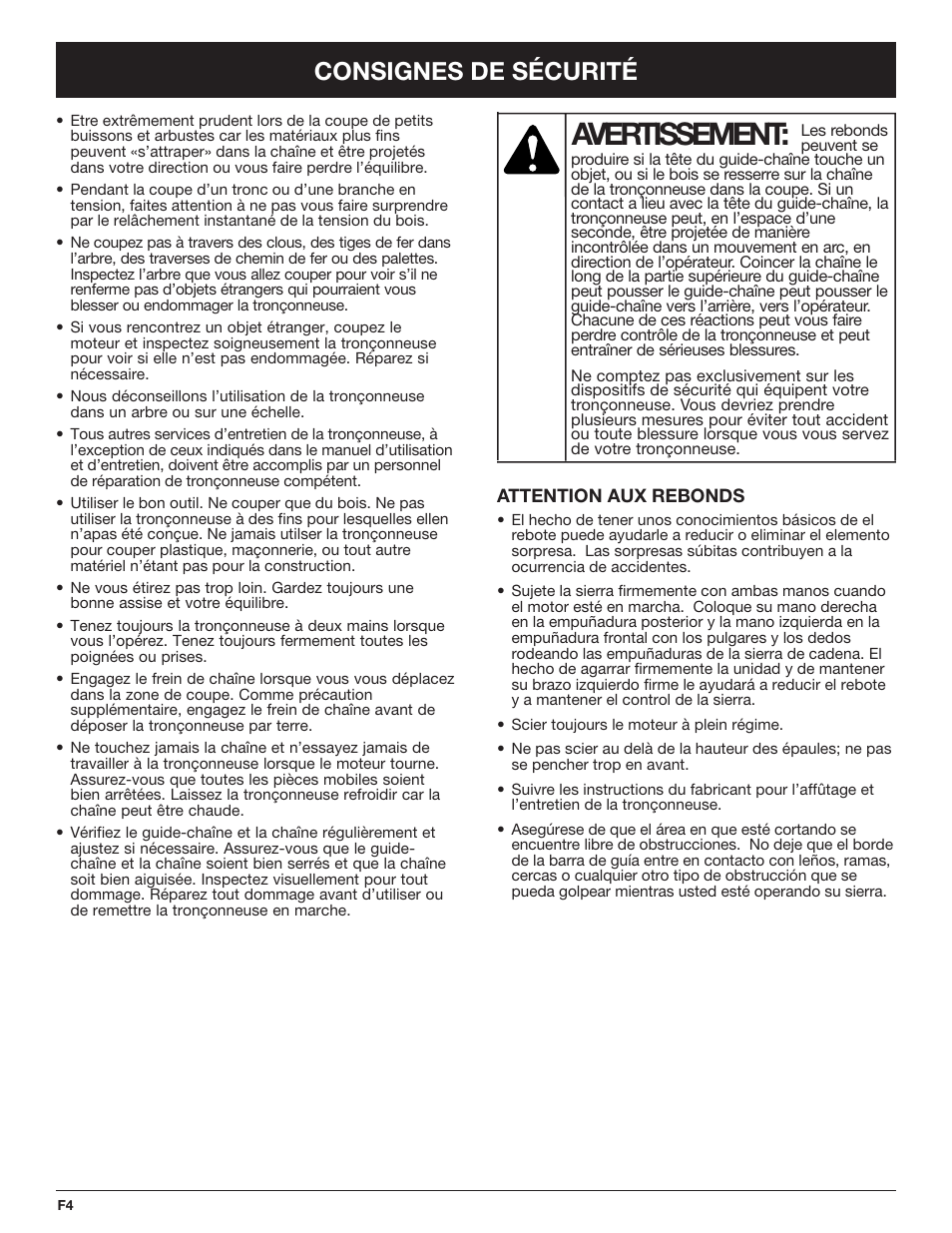 Avertissement, Consignes de sécurité | Troy-Bilt TB4516CC User Manual | Page 24 / 64