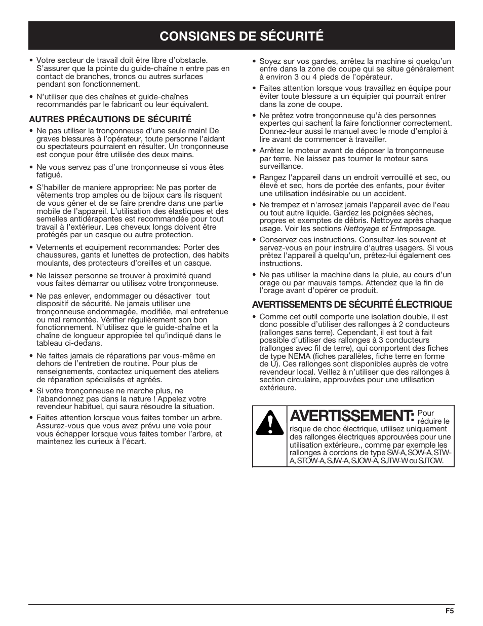 Avertissement, Consignes de sécurité | Troy-Bilt TB4516CC User Manual | Page 25 / 64