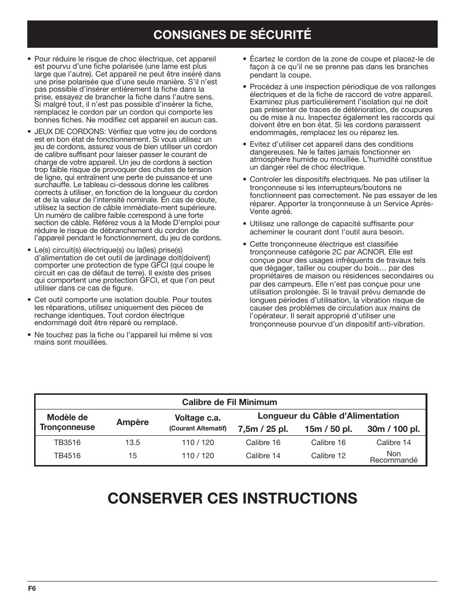 Conserver ces instructions, Consignes de sécurité | Troy-Bilt TB4516CC User Manual | Page 26 / 64