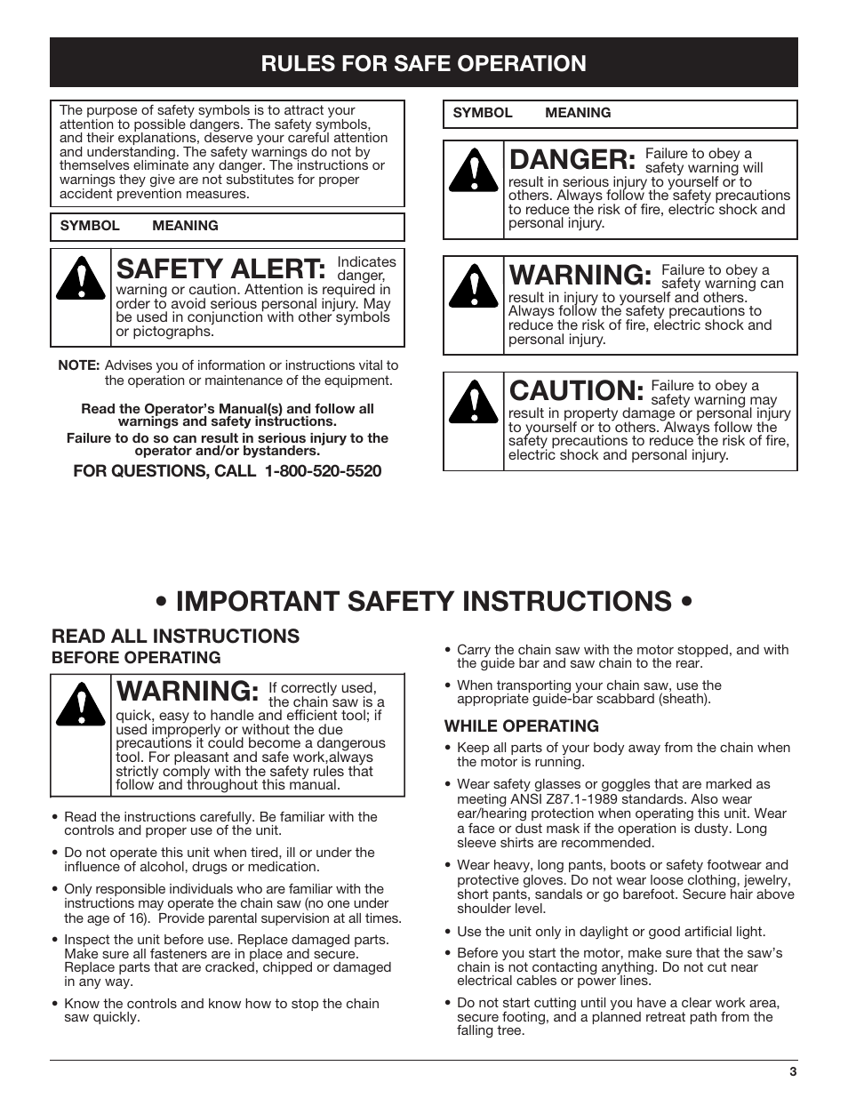 Warning: • important safety instructions, Warning, Danger | Caution, Safety alert, Rules for safe operation, Read all instructions | Troy-Bilt TB4516CC User Manual | Page 3 / 64