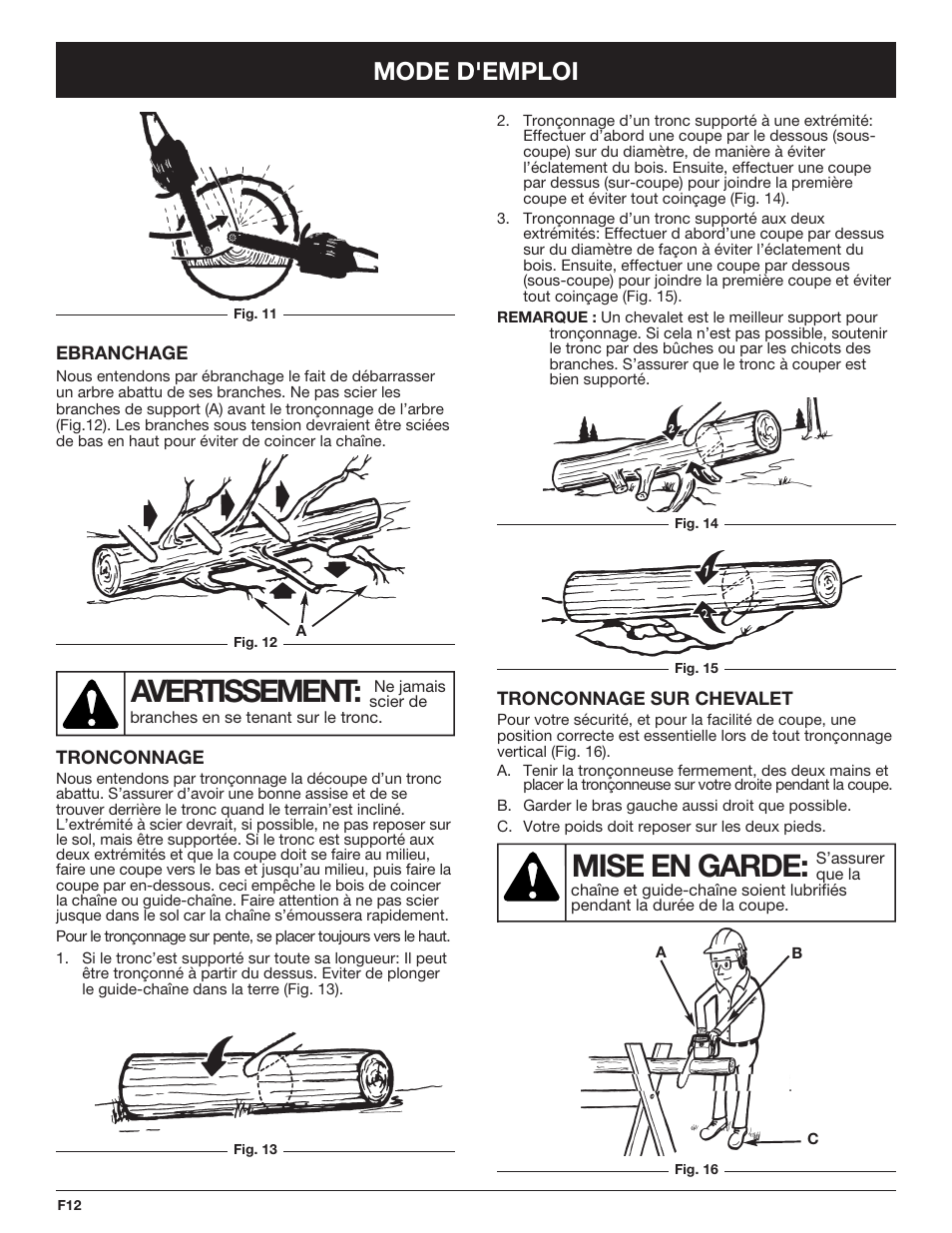 Avertissement, Mise en garde, Mode d'emploi | Troy-Bilt TB4516CC User Manual | Page 32 / 64