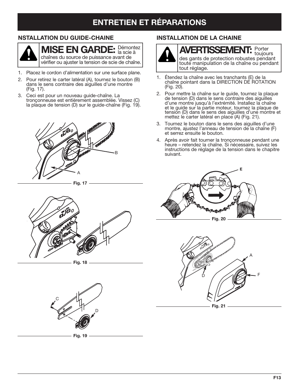 Avertissement, Mise en garde, Entretien et réparations | Troy-Bilt TB4516CC User Manual | Page 33 / 64