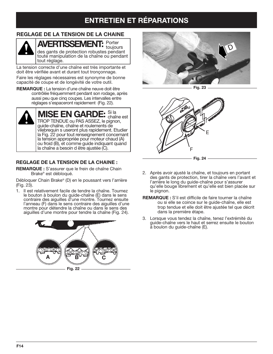 Mise en garde, Avertissement, Entretien et réparations | Troy-Bilt TB4516CC User Manual | Page 34 / 64