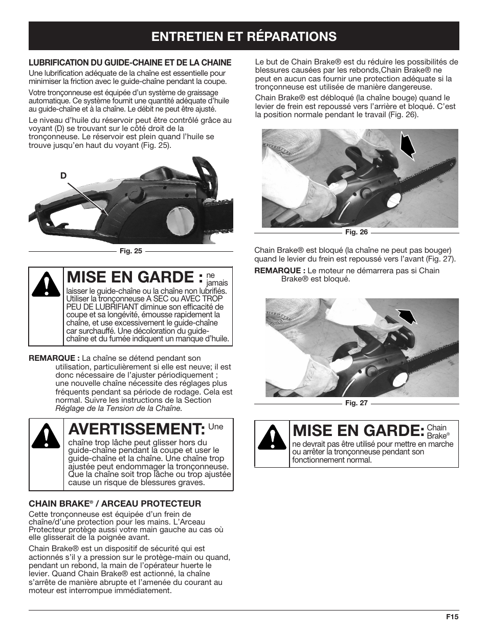 Mise en garde, Avertissement, Entretien et réparations | Troy-Bilt TB4516CC User Manual | Page 35 / 64