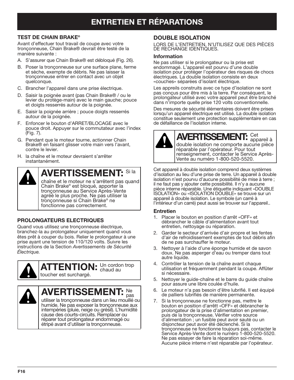 Avertissement, Attention, Entretien et réparations | Troy-Bilt TB4516CC User Manual | Page 36 / 64