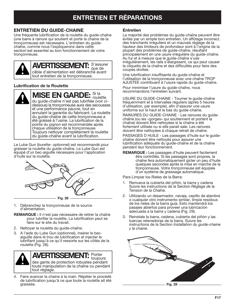 Mise en garde, Avertissement, Entretien et réparations | Troy-Bilt TB4516CC User Manual | Page 37 / 64