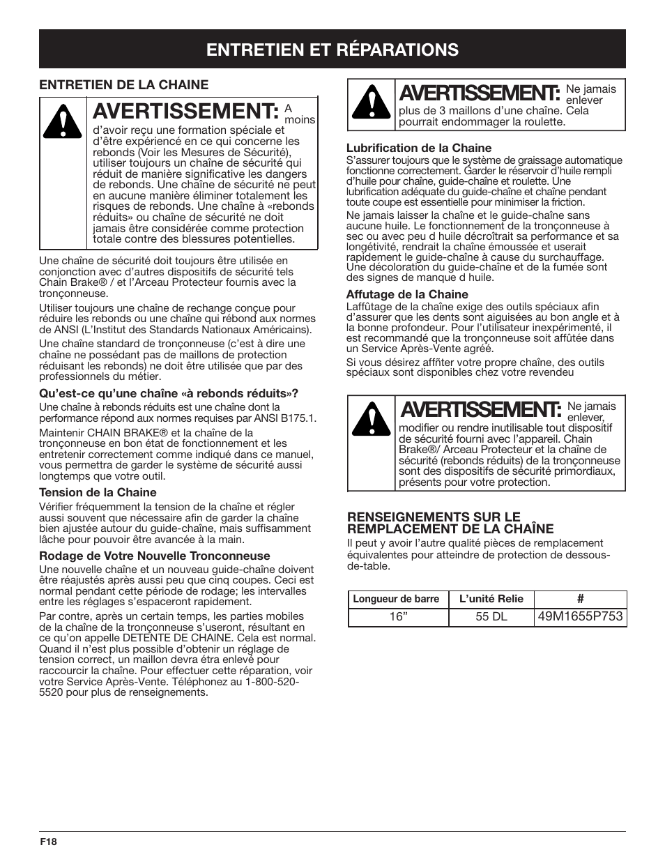 Avertissement, Entretien et réparations | Troy-Bilt TB4516CC User Manual | Page 38 / 64