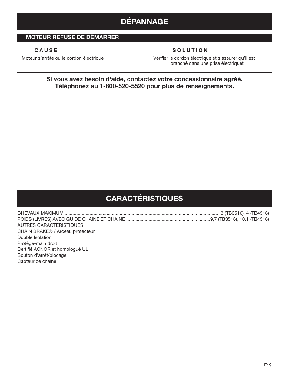 Dépannage, Caractéristiques | Troy-Bilt TB4516CC User Manual | Page 39 / 64