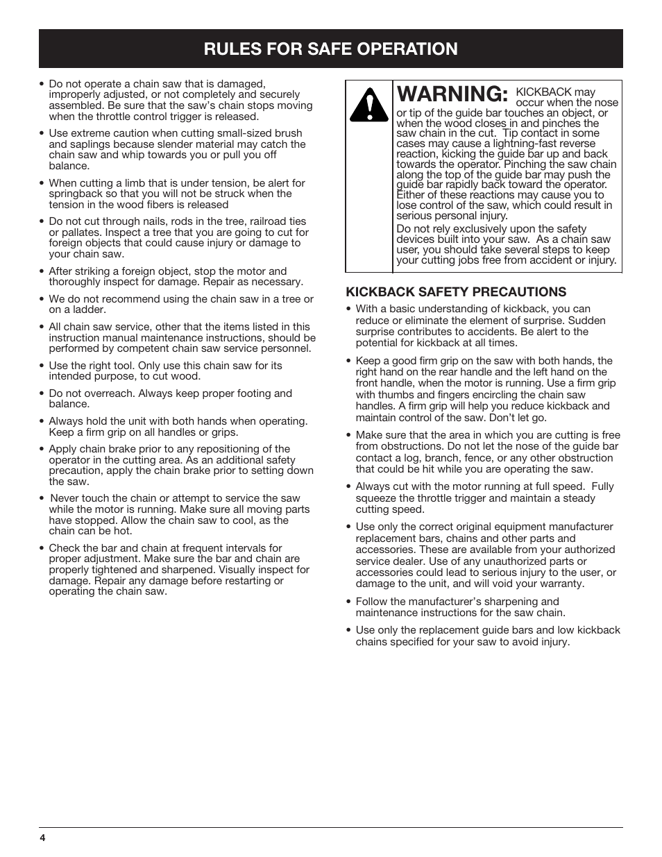 Warning, Rules for safe operation | Troy-Bilt TB4516CC User Manual | Page 4 / 64