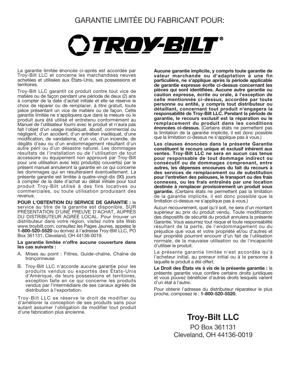 Troy-bilt llc, Garantie limitée du fabricant pour | Troy-Bilt TB4516CC User Manual | Page 40 / 64