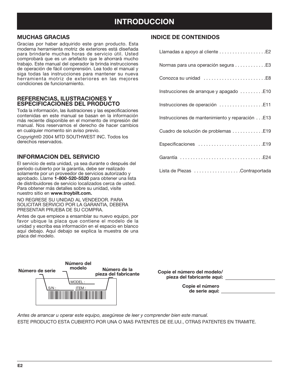 Introduccion | Troy-Bilt TB4516CC User Manual | Page 42 / 64