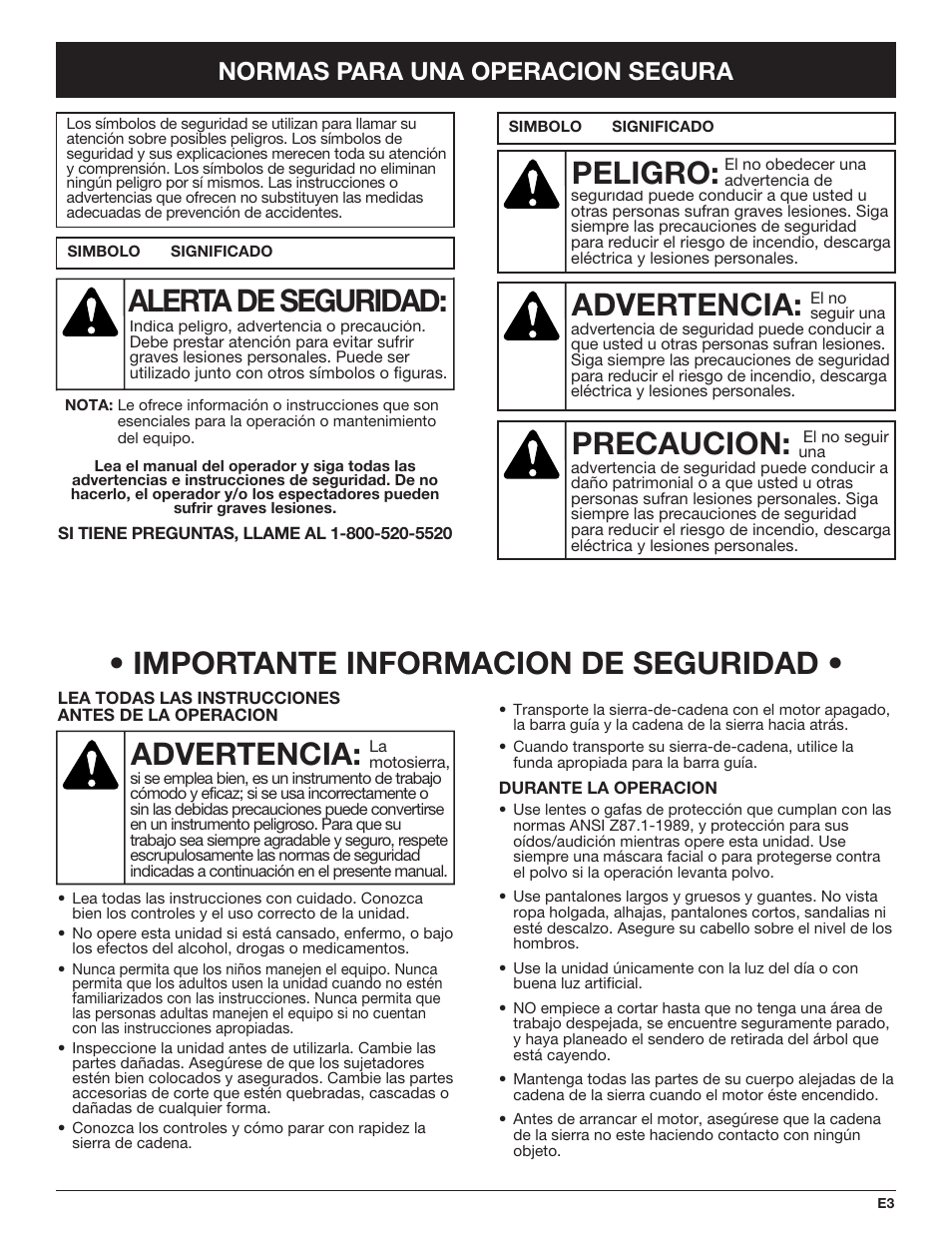 Advertencia, Peligro, Precaucion | Alerta de seguridad, Importante informacion de seguridad, Normas para una operacion segura | Troy-Bilt TB4516CC User Manual | Page 43 / 64