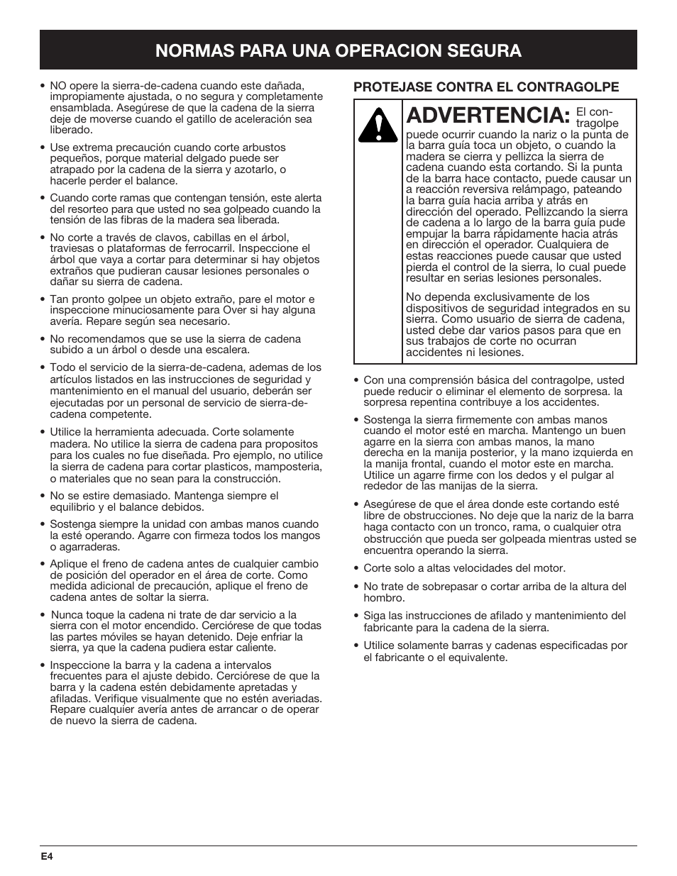 Advertencia, Normas para una operacion segura | Troy-Bilt TB4516CC User Manual | Page 44 / 64