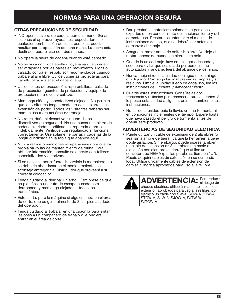 Advertencia, Normas para una operacion segura | Troy-Bilt TB4516CC User Manual | Page 45 / 64