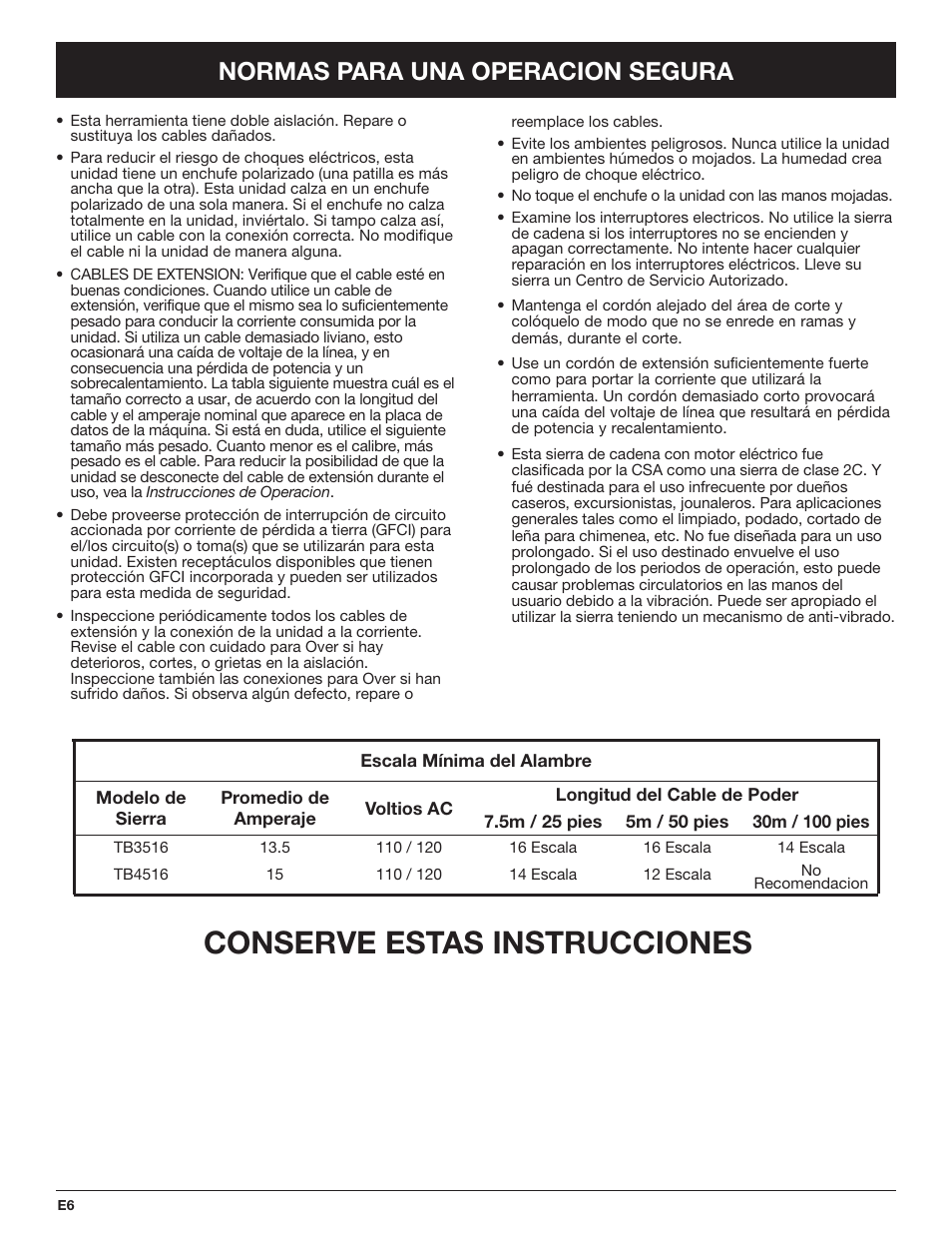 Conserve estas instrucciones, Normas para una operacion segura | Troy-Bilt TB4516CC User Manual | Page 46 / 64