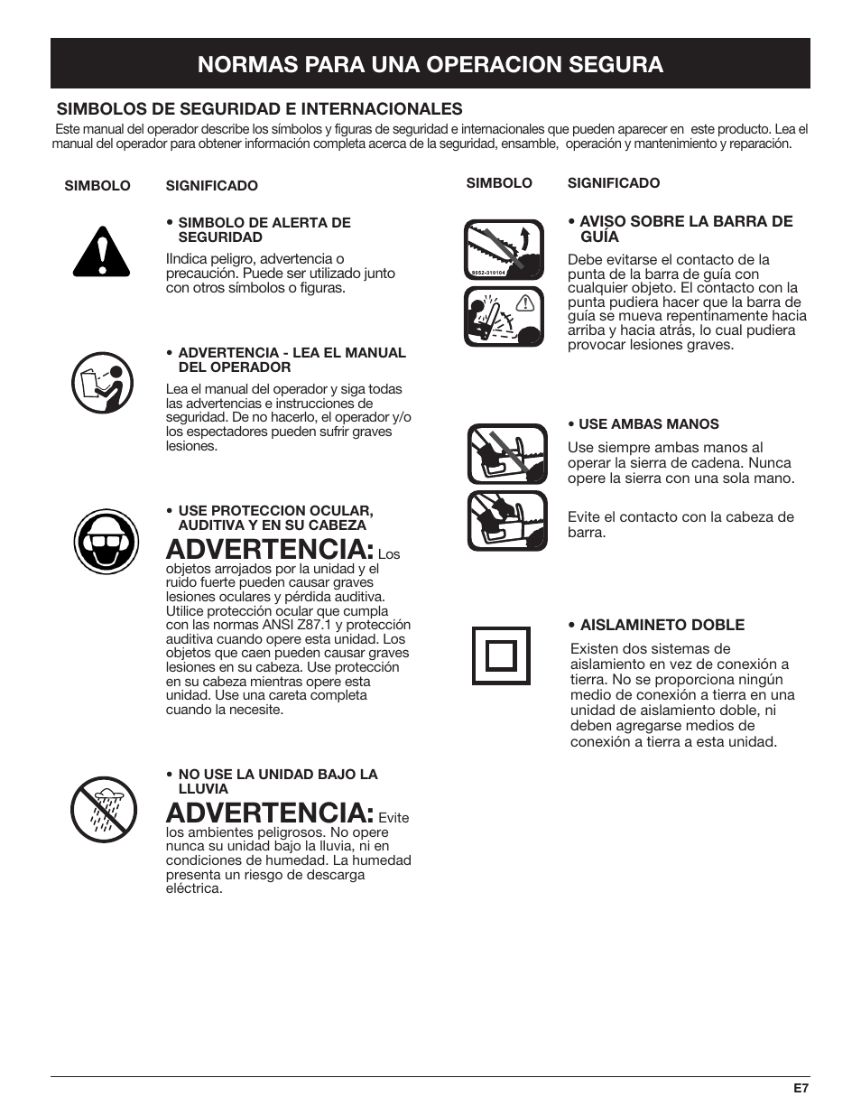 Advertencia, Normas para una operacion segura | Troy-Bilt TB4516CC User Manual | Page 47 / 64