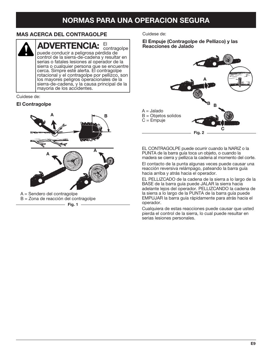 Advertencia, Normas para una operacion segura | Troy-Bilt TB4516CC User Manual | Page 49 / 64