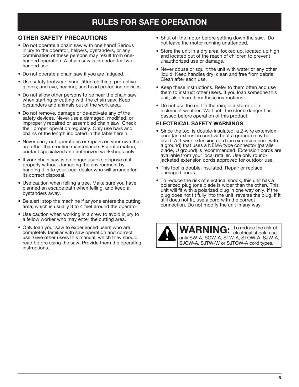 Warning, Rules for safe operation | Troy-Bilt TB4516CC User Manual | Page 5 / 64