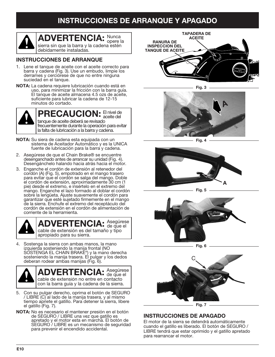 Precaucion, Advertencia, Instrucciones de arranque y apagado | Troy-Bilt TB4516CC User Manual | Page 50 / 64