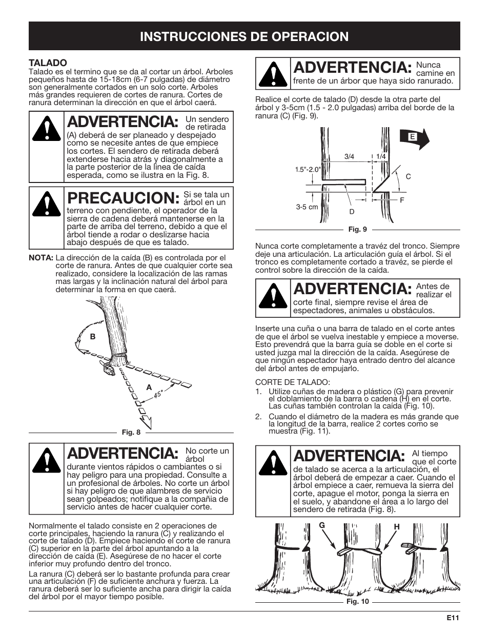 Precaucion, Advertencia, Instrucciones de operacion | Troy-Bilt TB4516CC User Manual | Page 51 / 64