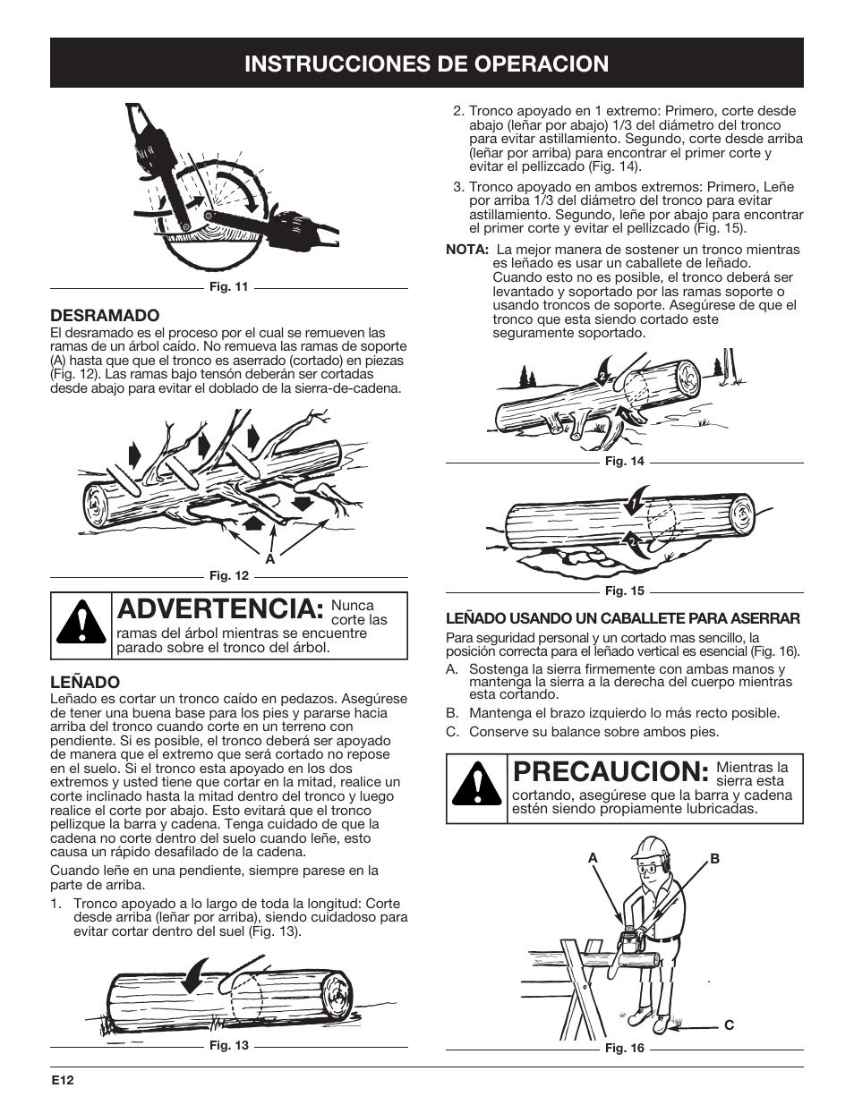 Precaucion, Advertencia, Instrucciones de operacion | Troy-Bilt TB4516CC User Manual | Page 52 / 64
