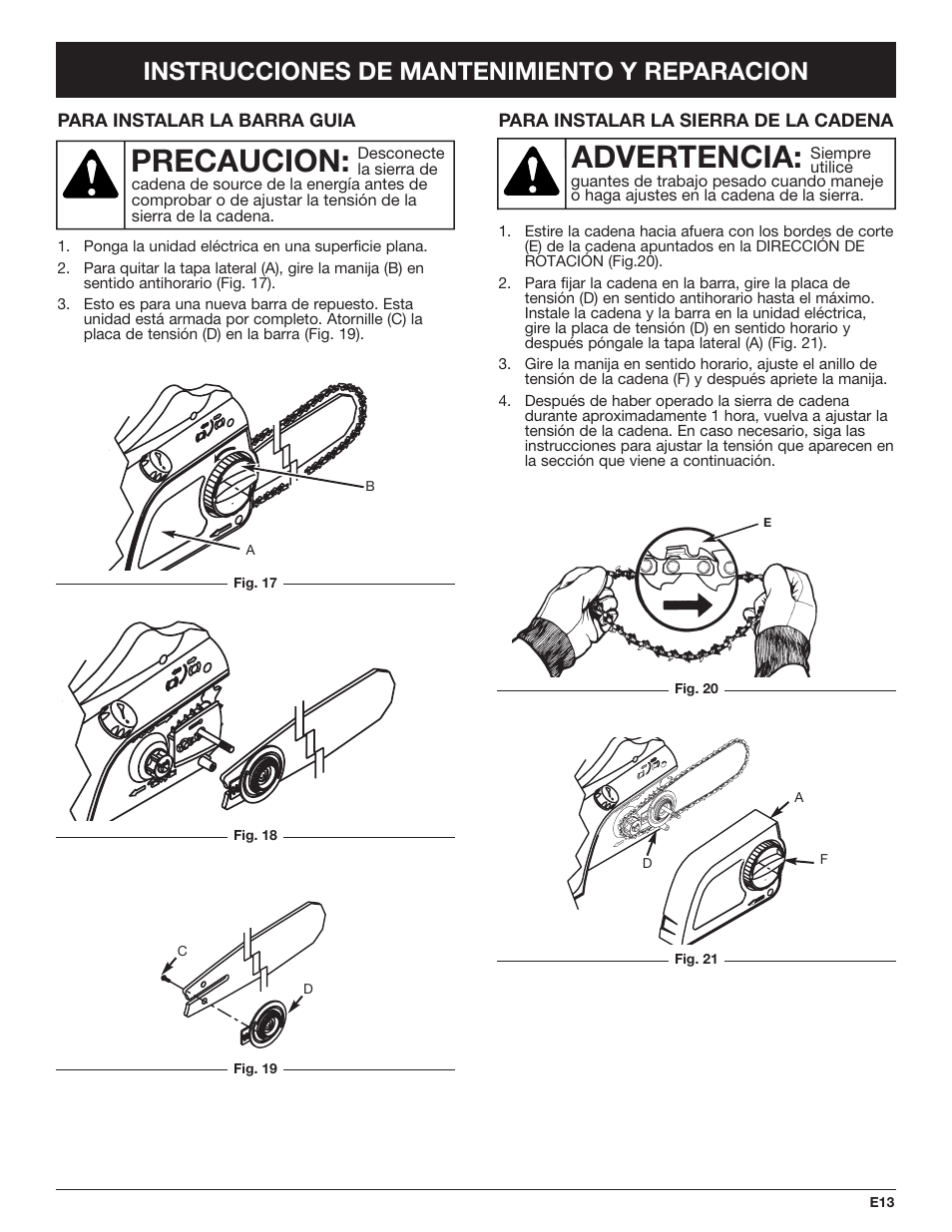 Advertencia, Precaucion, Instrucciones de mantenimiento y reparacion | Troy-Bilt TB4516CC User Manual | Page 53 / 64