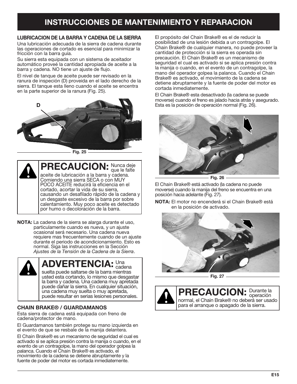 Precaucion, Advertencia, Instrucciones de mantenimiento y reparacion | Troy-Bilt TB4516CC User Manual | Page 55 / 64