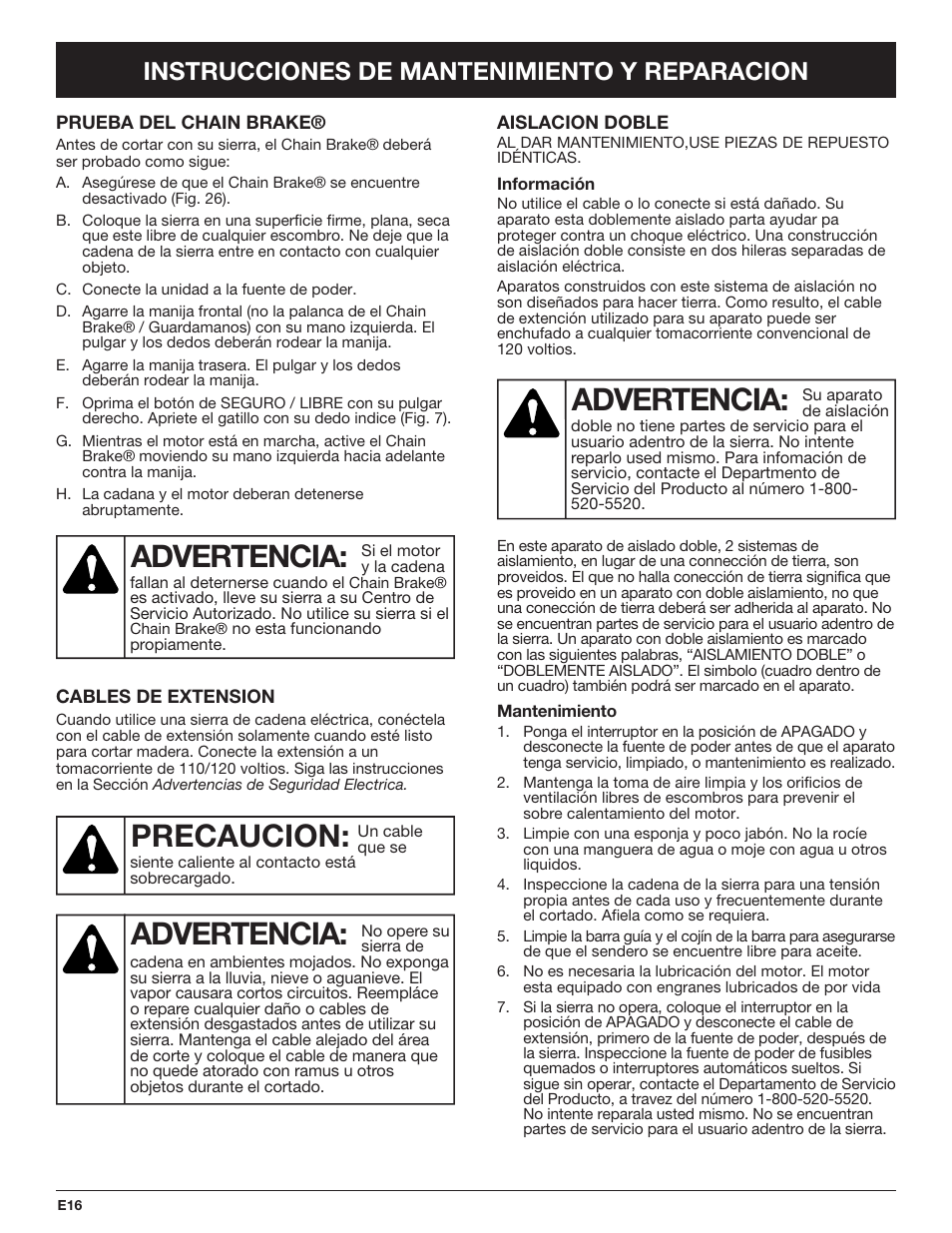 Advertencia, Precaucion, Instrucciones de mantenimiento y reparacion | Troy-Bilt TB4516CC User Manual | Page 56 / 64