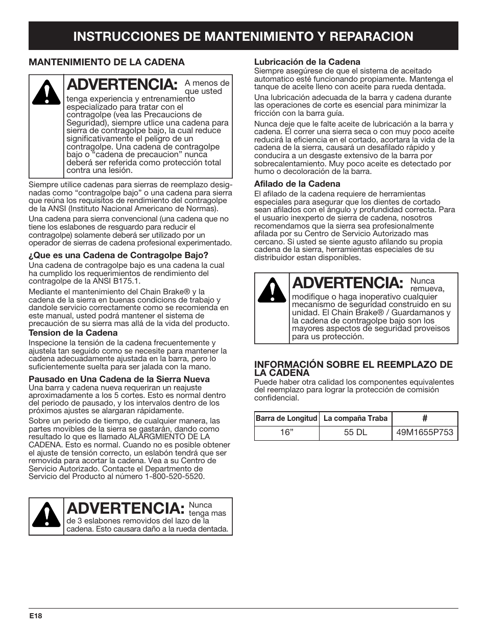 Advertencia, Instrucciones de mantenimiento y reparacion | Troy-Bilt TB4516CC User Manual | Page 58 / 64