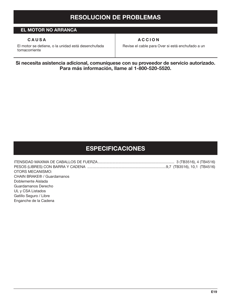 Resolucion de problemas, Especificaciones | Troy-Bilt TB4516CC User Manual | Page 59 / 64