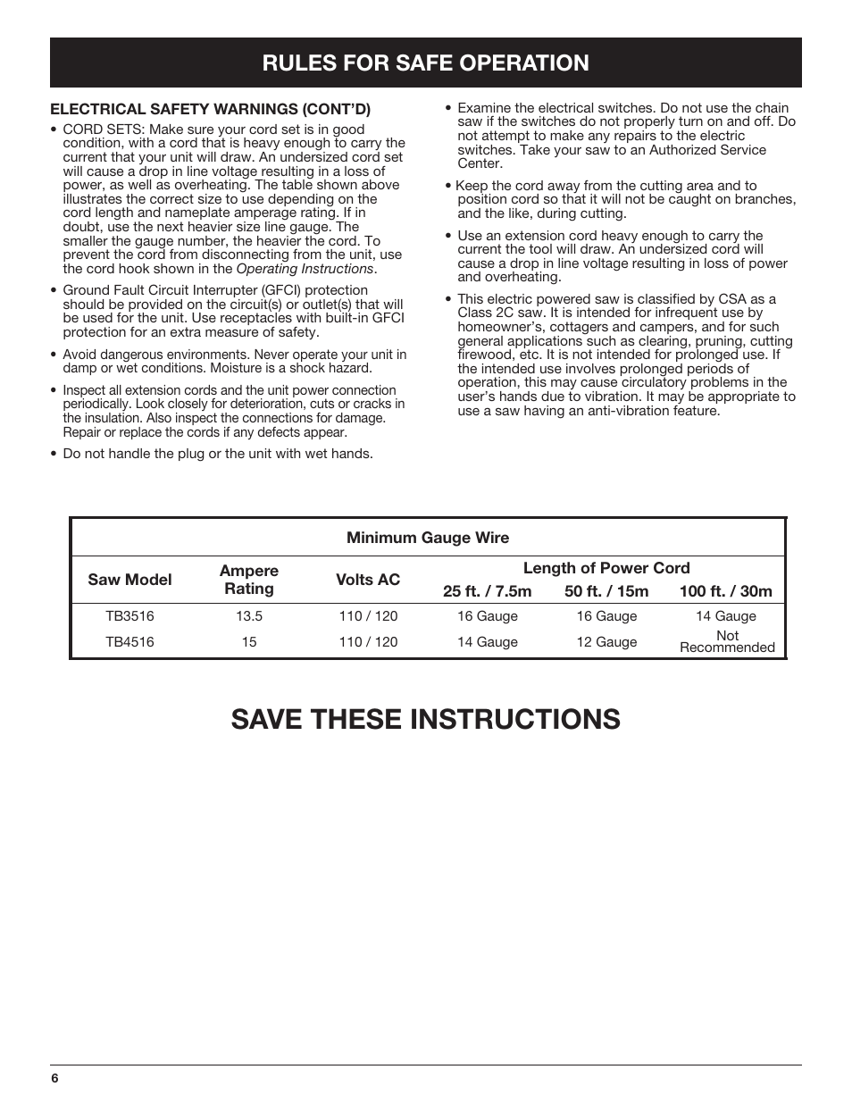 Save these instructions, Rules for safe operation | Troy-Bilt TB4516CC User Manual | Page 6 / 64