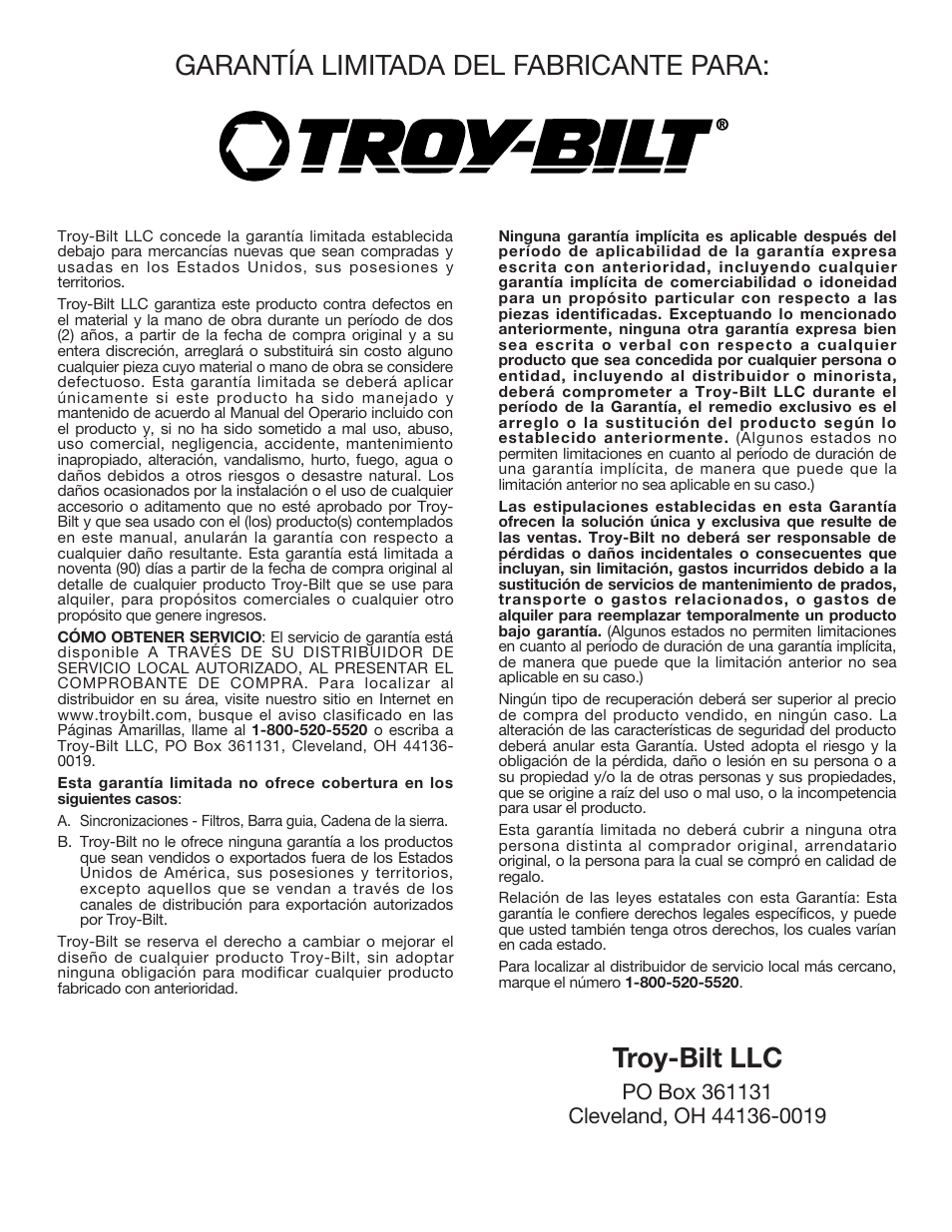 Garantía limitada del fabricante para, Troy-bilt llc | Troy-Bilt TB4516CC User Manual | Page 64 / 64