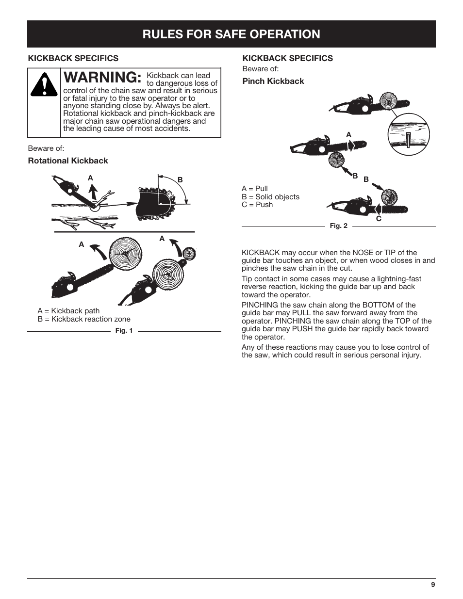 Warning, Rules for safe operation | Troy-Bilt TB4516CC User Manual | Page 9 / 64