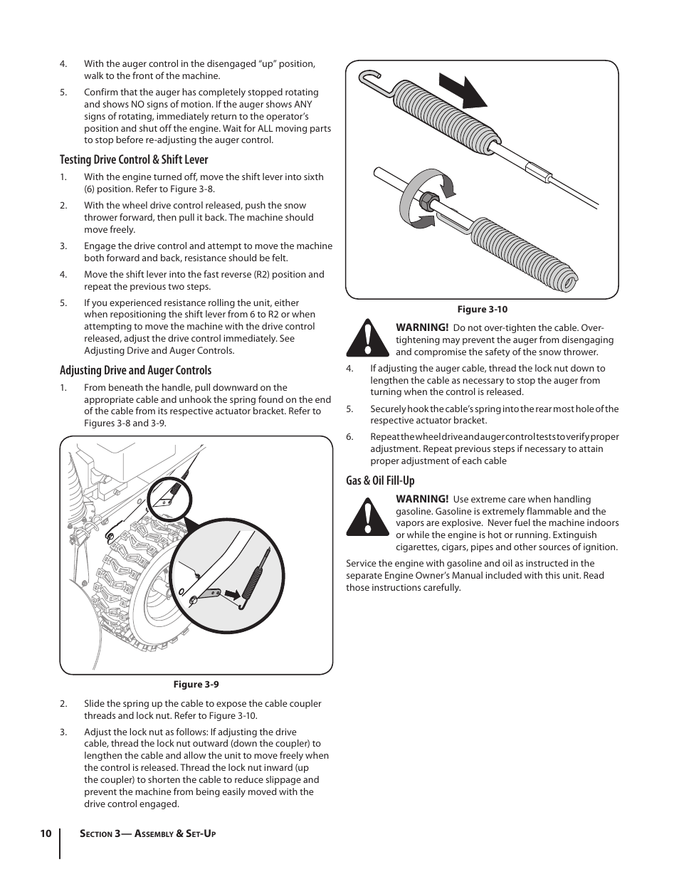 Gas & oil fill-up, Testing drive control & shift lever, Adjusting drive and auger controls | Troy-Bilt 4510 User Manual | Page 10 / 28