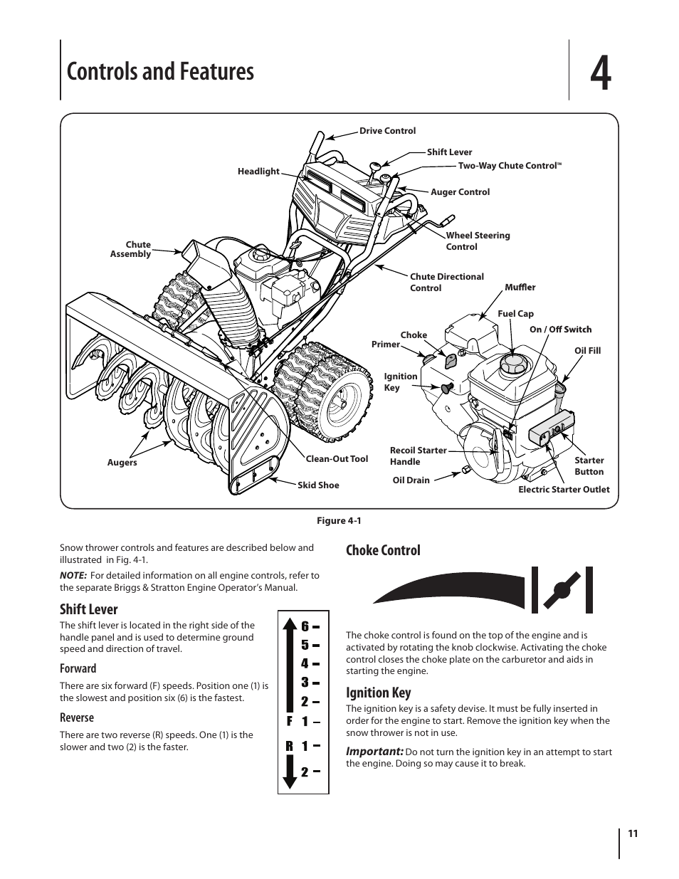 Controls and features, Shift lever, Choke control | Ignition key | Troy-Bilt 4510 User Manual | Page 11 / 28