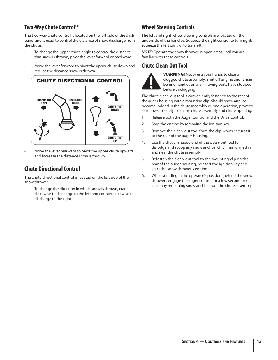 Two-way chute control, Chute directional control, Wheel steering controls | Chute clean-out tool, Control direccional del canal | Troy-Bilt 4510 User Manual | Page 13 / 28