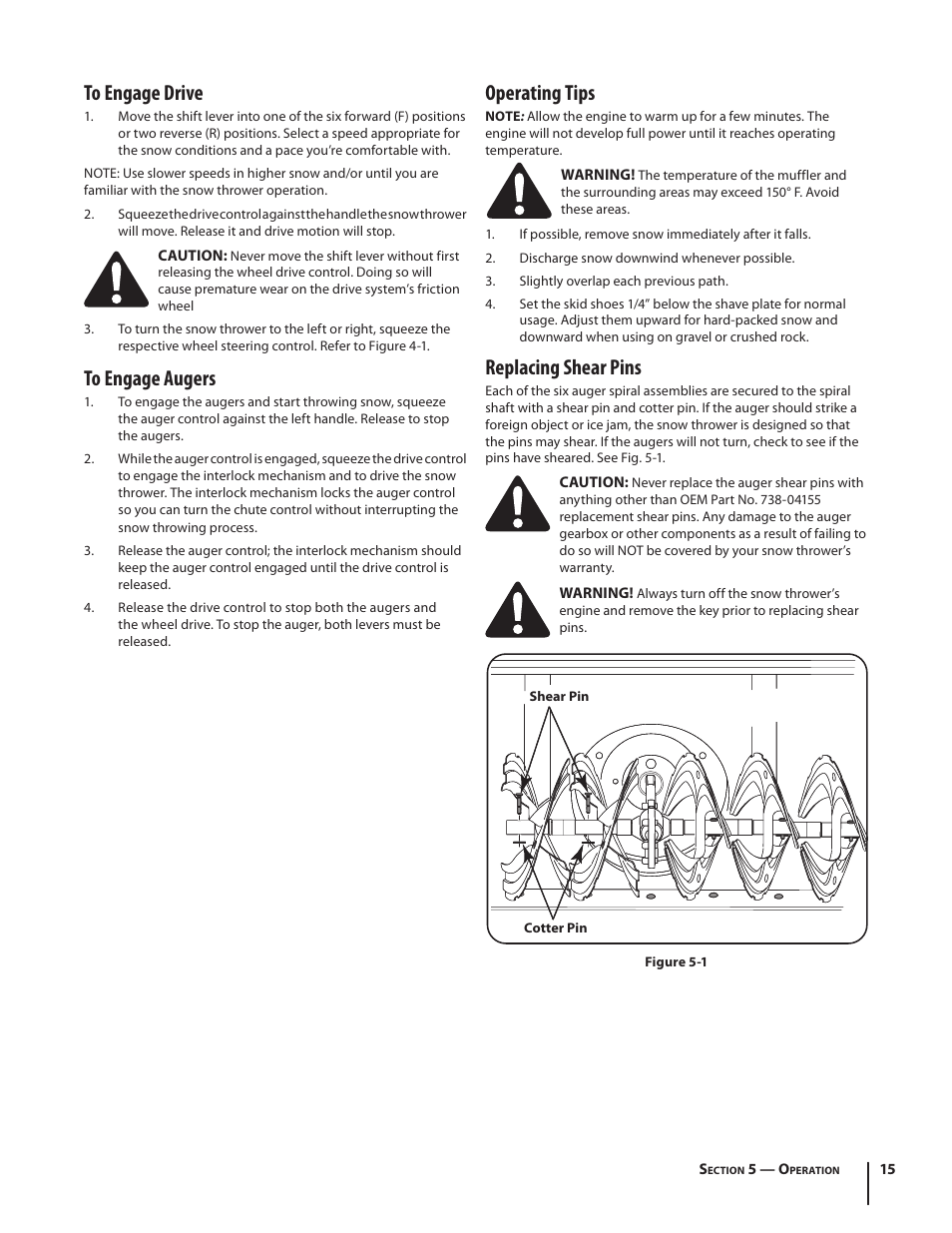 Operating tips, Replacing shear pins | Troy-Bilt 4510 User Manual | Page 15 / 28